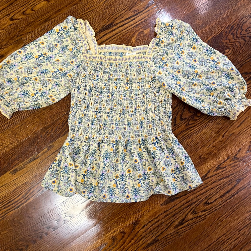Smocked Square-Neck Floral Peasant Top - Yellow & Blue